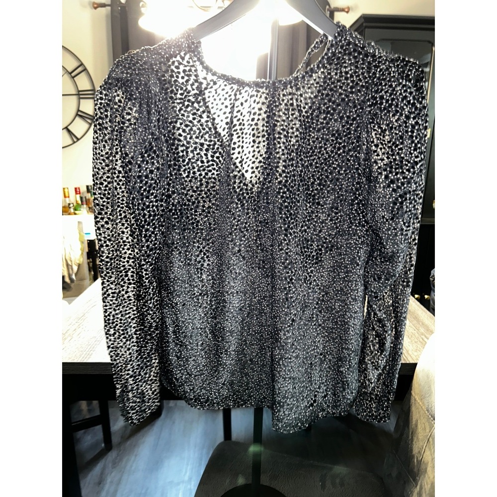 Express Womens Black‎ Velvet Polka Dot Sheer Mesh V-Neck Long Sleeve Blouse XS